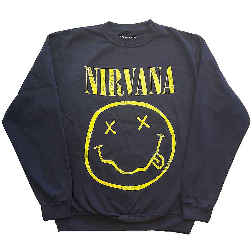 Yellow sweatshirt with a black happy face, Nirvana branding, size small.