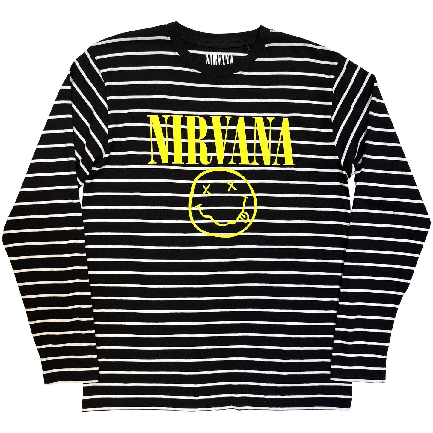Black and white striped Nirvana sweatshirt with yellow smiley face.