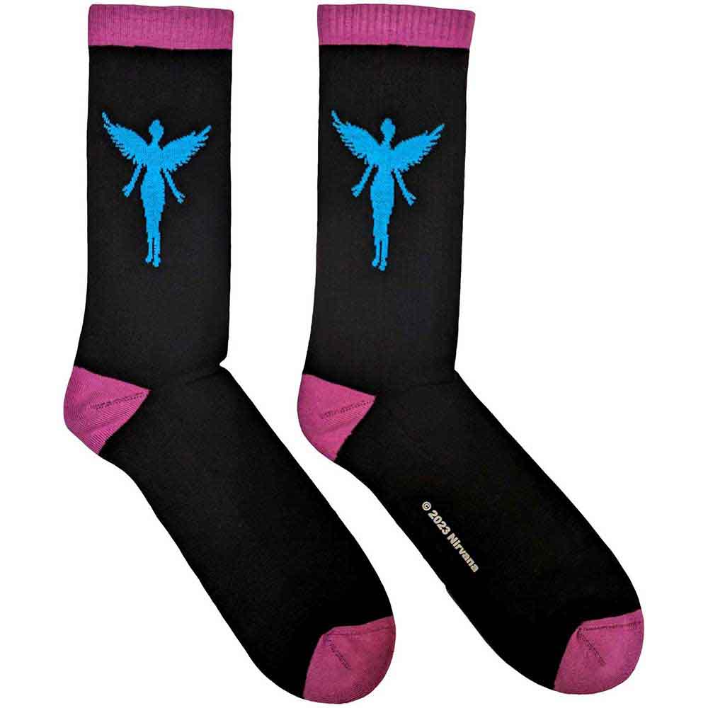 Blue crew socks featuring the Nirvana In Utero angel graphic in white and red.