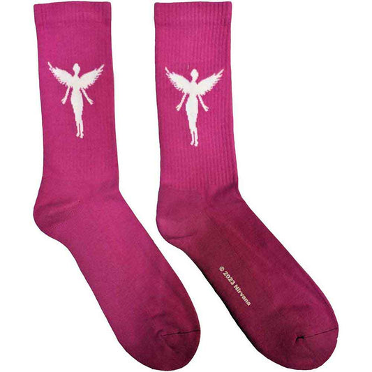 White crew socks featuring the Nirvana In Utero angel graphic in black.