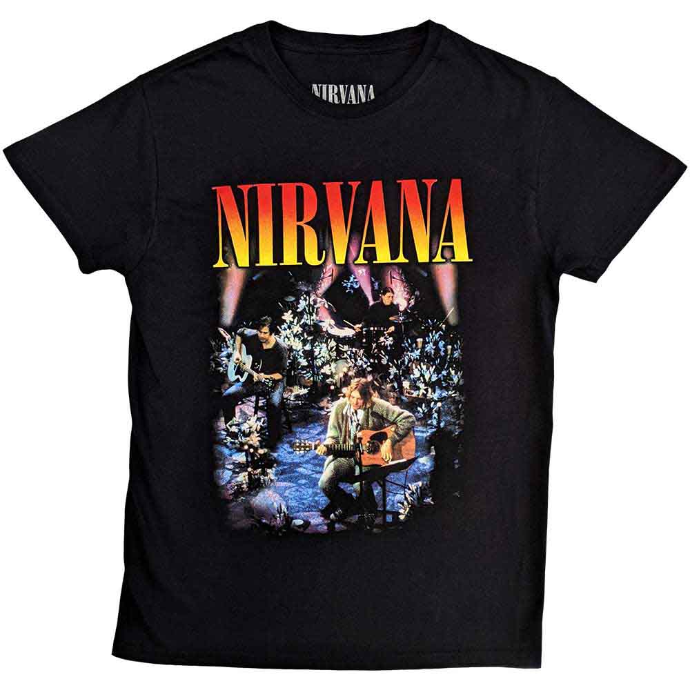 Black t-shirt with a colorful Nirvana "Unplugged" concert image.