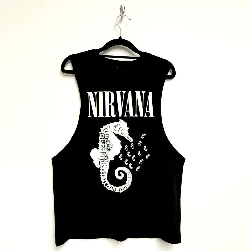 Black sleeveless Nirvana t-shirt with white seahorse and logo graphic.