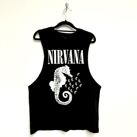 Black sleeveless Nirvana t-shirt with white seahorse and logo graphic.