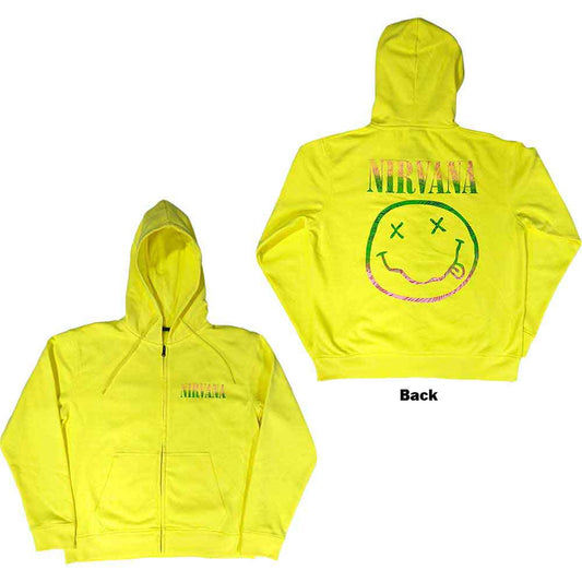 Unisex zip-up hoodie featuring a large Nirvana smiley face graphic on the back.