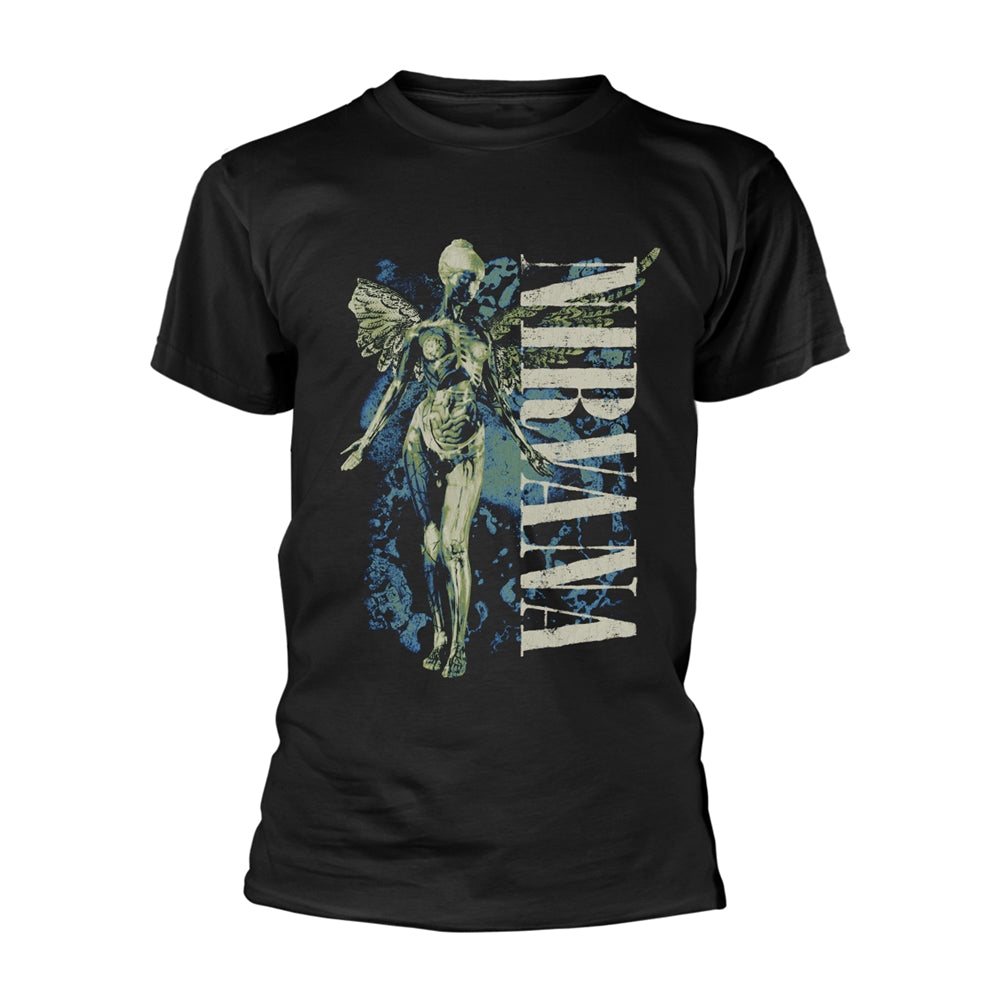 Black t-shirt with Nirvana's vertical logo and angel skeleton graphic.