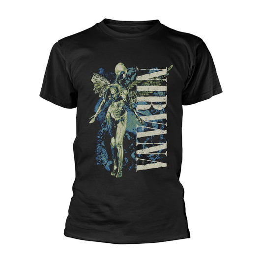 Black t-shirt with Nirvana's vertical logo and angel skeleton graphic.