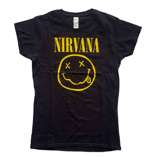Navy blue Nirvana t-shirt with yellow smiley face graphic, worn by a woman.