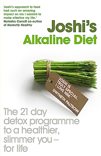 Book cover for "Joshi's Alkaline Diet" featuring asparagus and a quote.