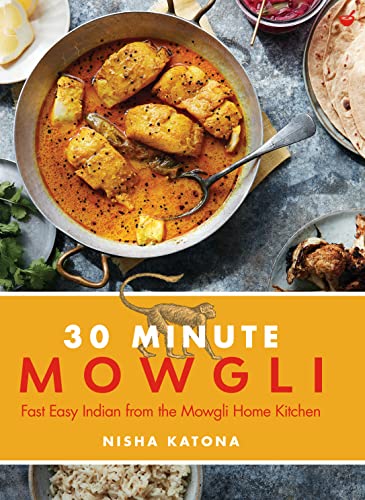 Cookbook cover showing a bowl of fish curry with rice, flatbread, and a monkey illustration.