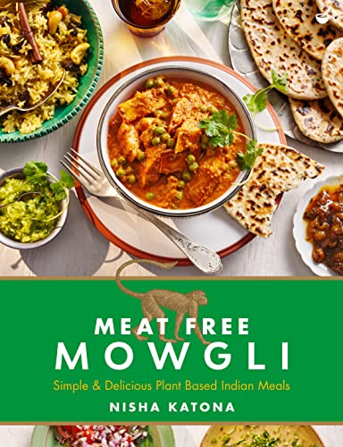 Book cover featuring a bowl of Indian curry, rice, and flatbread on a table.