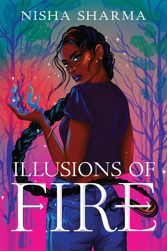Book cover: woman with dark skin and blue fire in a forest.