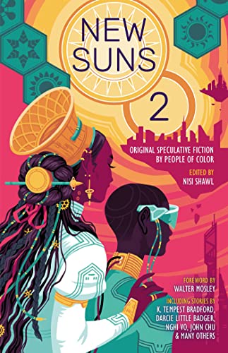 Book cover: "New Suns 2" with illustrated figures and futuristic city.