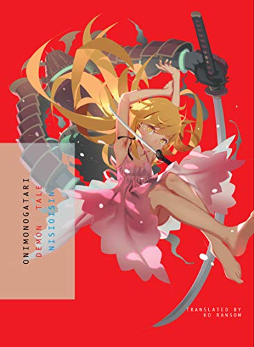 Anime girl with sword and swirling golden hair on red background.