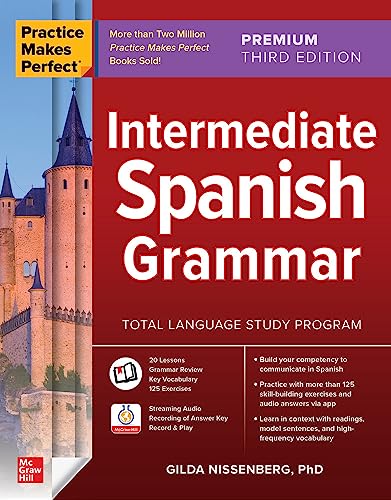 Red textbook cover with castle image, title “Intermediate Spanish Grammar.”