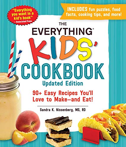 Kids' cookbook cover with colorful title, food images, and recipe count.