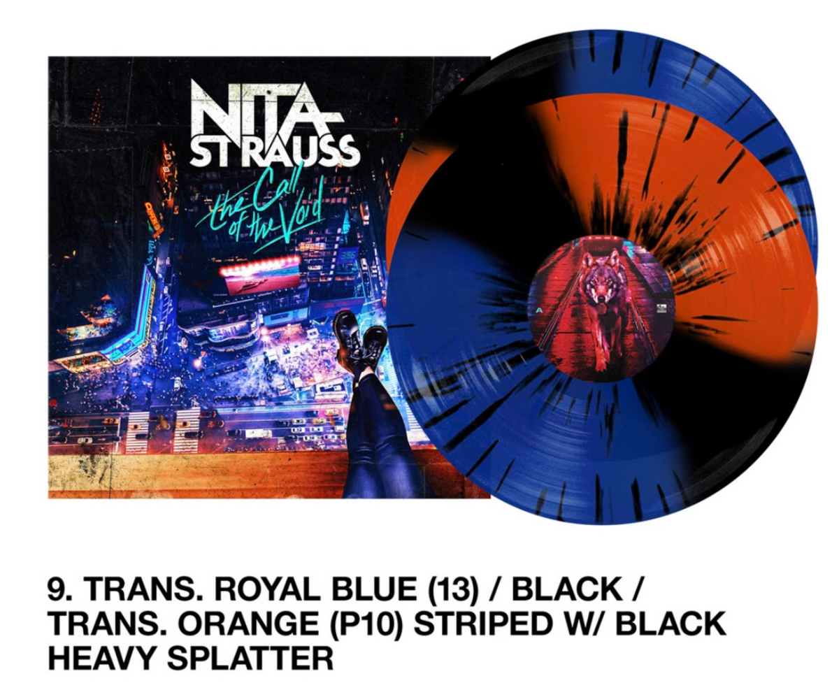 Nita Strauss vinyl record: blue, orange, and black swirl design.