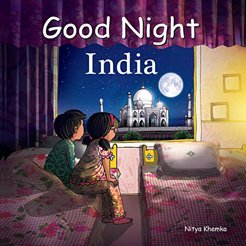 Children looking at the Taj Mahal under a night sky from a window.