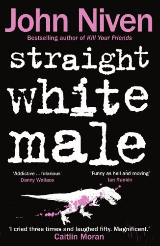Book cover: "Straight White Male" with distressed text and a dinosaur image.