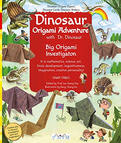 Book cover featuring colorful origami dinosaurs and a rainbow background.