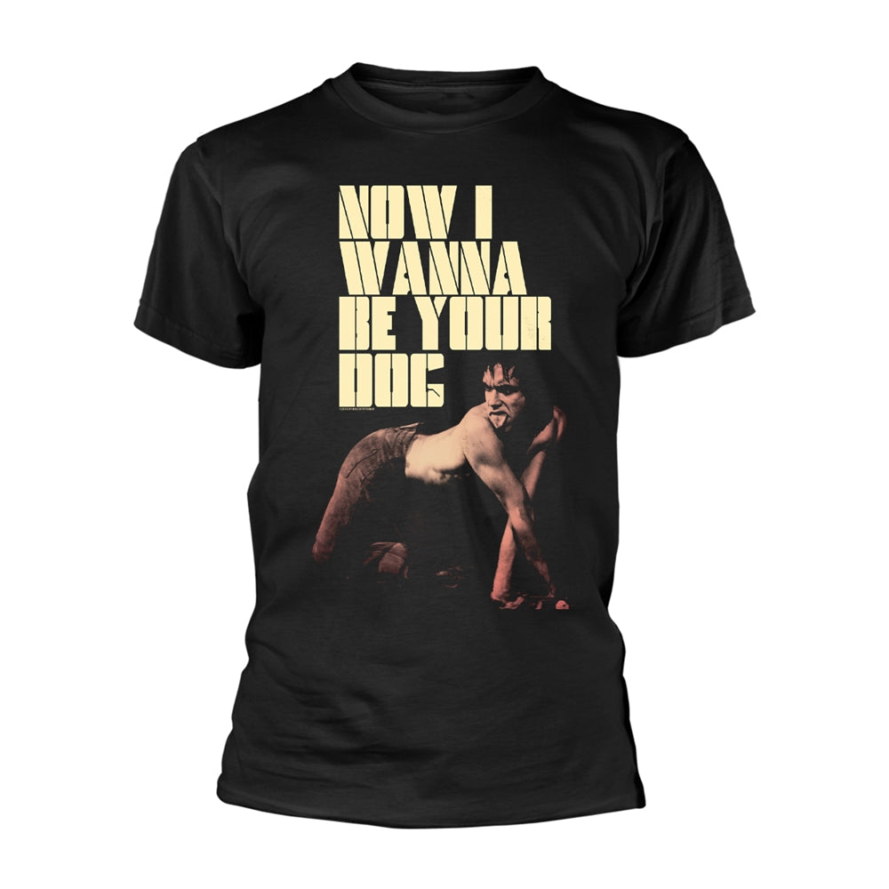 Black t-shirt with text and image of a man posing as a dog.