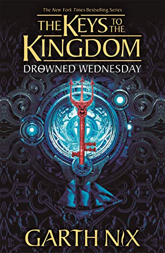 Book cover featuring a red trident-shaped key over a blue glowing clockwork background.
