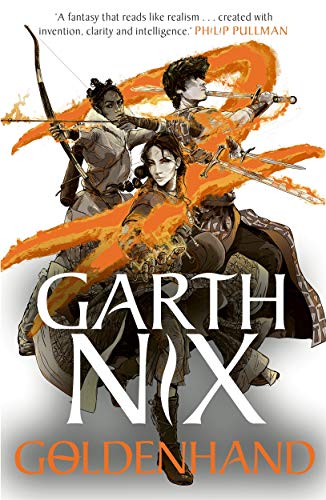 Three fantasy characters wielding weapons amidst swirling orange magical energy on a book cover.