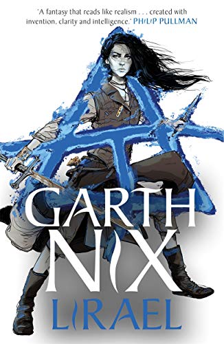A woman with a sword stands behind a large, glowing blue magical symbol.