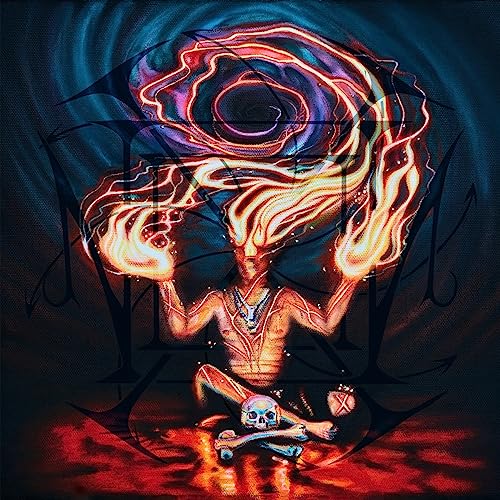 Figure engulfed in flames, holding a skull, within a geometric design.