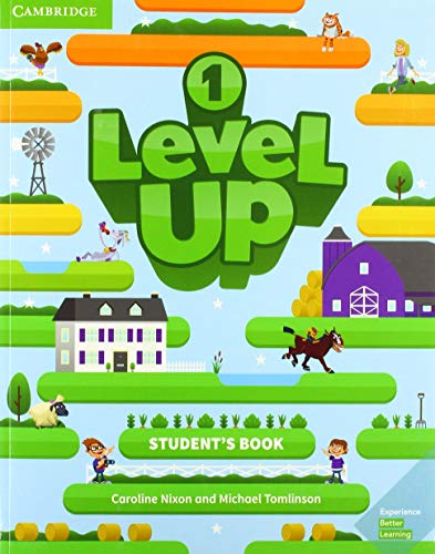 Level Up" student book cover with colorful illustrations of a town and animals.