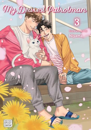Manga cover: two men and a white cat sitting amongst flowers.