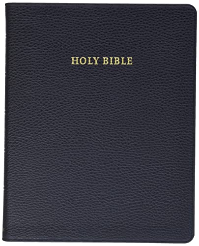 Black leather-bound Bible with gold-stamped text reading HOLY BIBLE on the front cover.