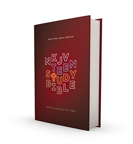 Red hardcover Bible with "NKJV Teen Study Bible" in neon lettering.