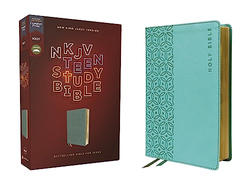 Teal and burgundy NKJV Teen Study Bible, closed, with gold page edges.