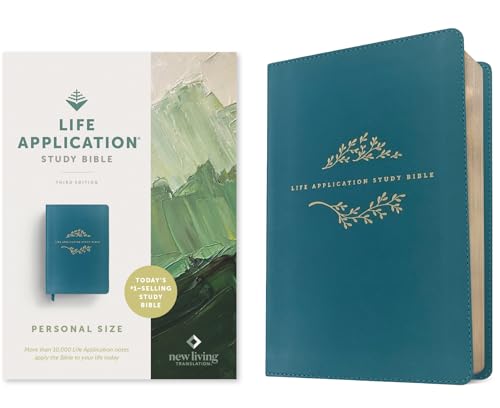A teal Life Application Study Bible next to its product packaging.