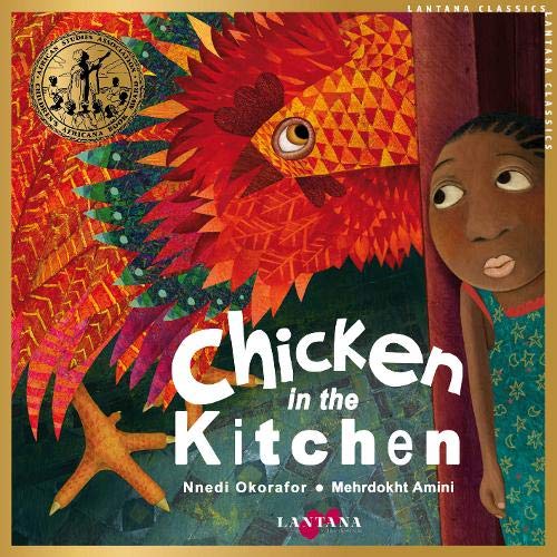 A large, colorful rooster and a young girl looking from behind a doorway.