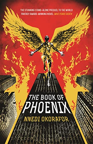 A winged figure rises above burning city skyscrapers on a red and yellow background.