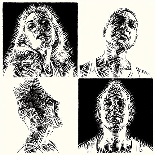 Four black and white portraits of No Doubt band members in a stylized line-art.