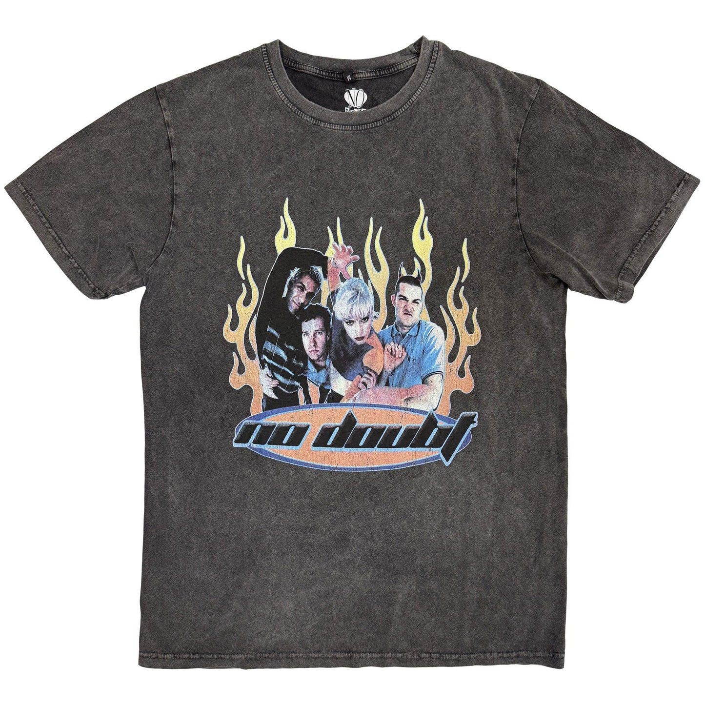 Gray No Doubt t-shirt with band photo and flame graphic.