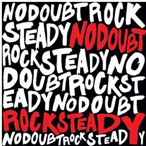 Black square album cover with repeating “No Doubt Rock Steady” text in white and red.