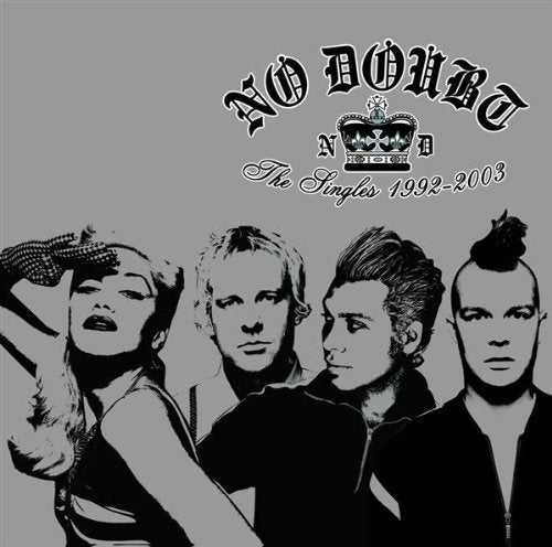 No Doubt band members in black and white against a grey background with crown logo.