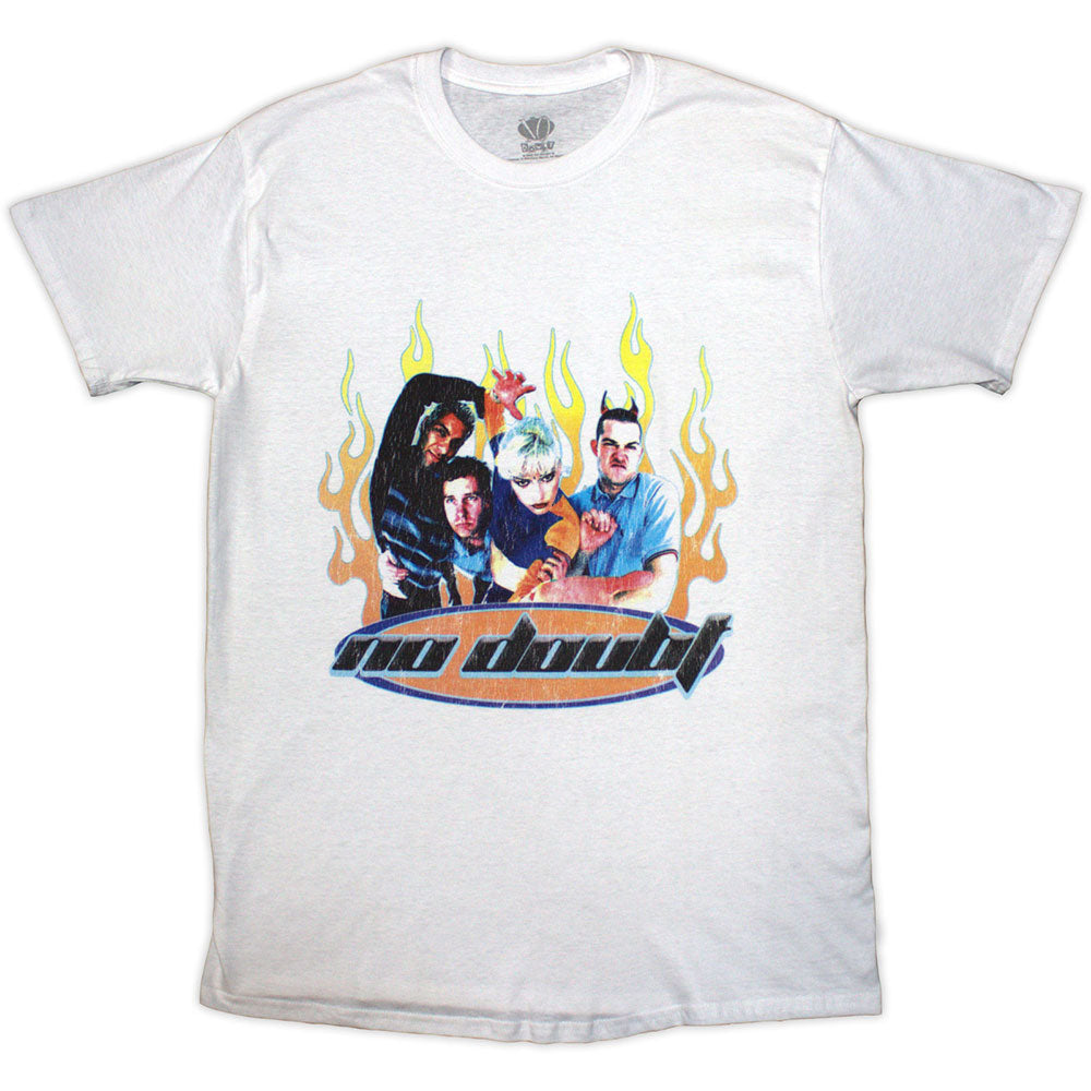 Black unisex t-shirt featuring a No Doubt logo graphic with orange and yellow flames.