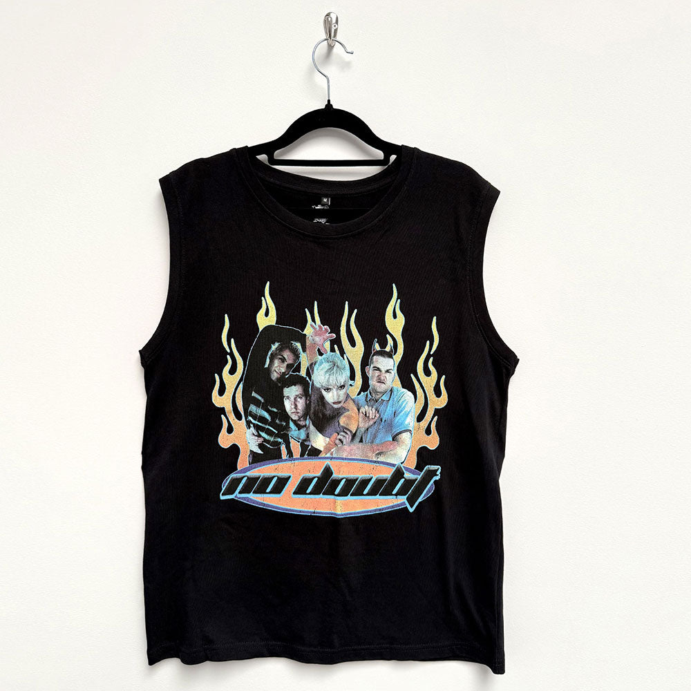 Black unisex tank top featuring a retro No Doubt logo graphic on the front.