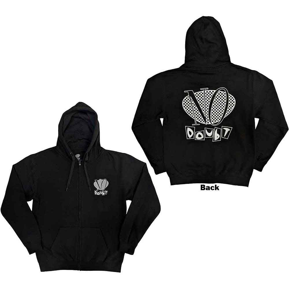 Black zipped hoodie with No Doubt's checker logo printed on the back.
