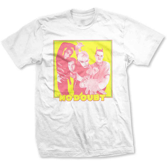 White t-shirt with a yellow and pink No Doubt band photo print.
