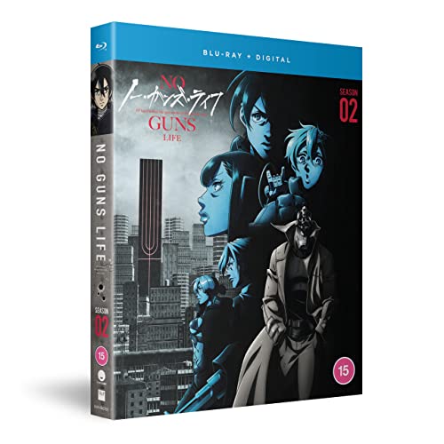 No Guns Life" Season 2 Blu-ray cover featuring anime characters and city skyline.