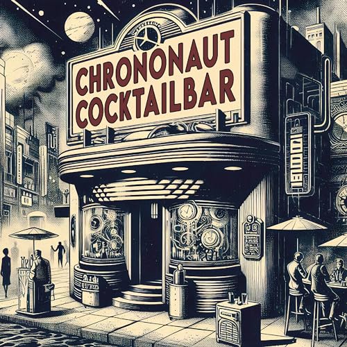 Vintage-style illustration of a futuristic cocktail bar facade with clocks.