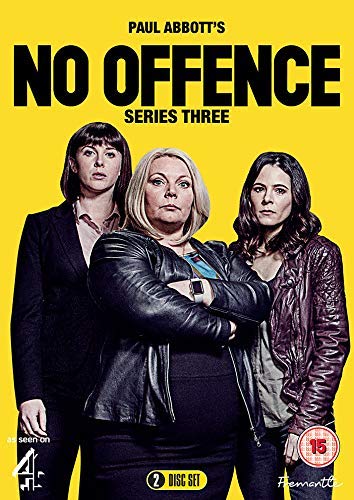 DVD cover for No Offence Series Three featuring three women against a yellow background.