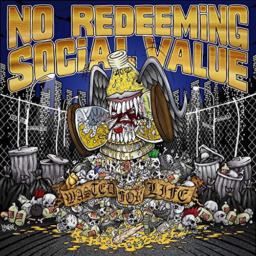 CD cover with cartoonish skull, beer, and trash in a bleak urban scene.