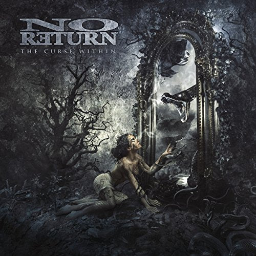 Album cover: woman reaching toward a dark, ornate mirror with snakes.