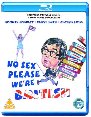 Blu-ray cover for No Sex Please, We're British featuring a caricature and film title.